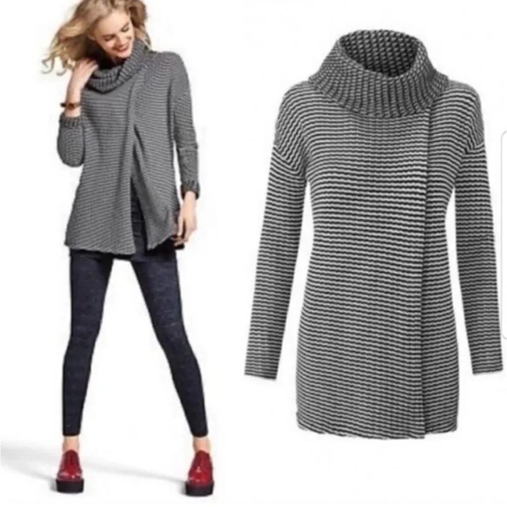 Cabi 3167 FERGIE Black White Stripe Cowl Turtleneck Split Knit Sweater